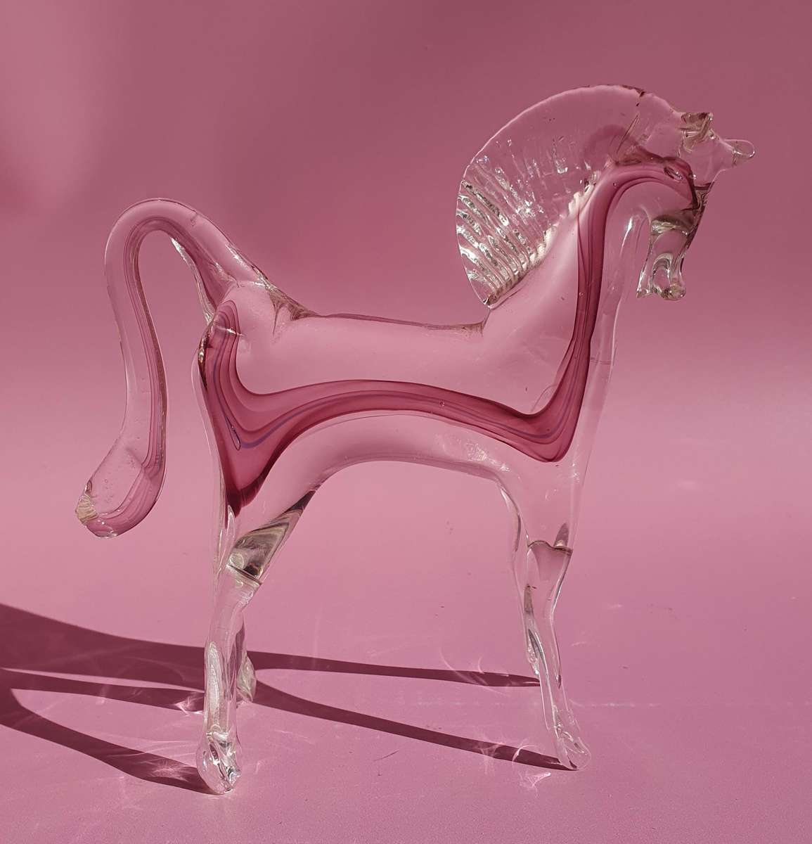 Vintage Murano Styled Glass Horse Clear with Pink Figurine Hand Blown