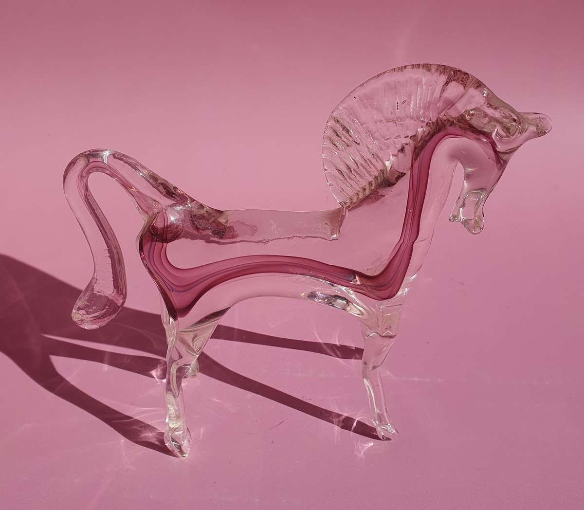 Vintage Murano Styled Glass Horse Clear with Pink Figurine Hand Blown