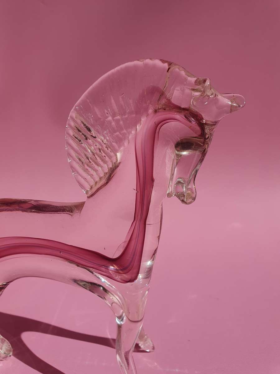 Vintage Murano Styled Glass Horse Clear with Pink Figurine Hand Blown