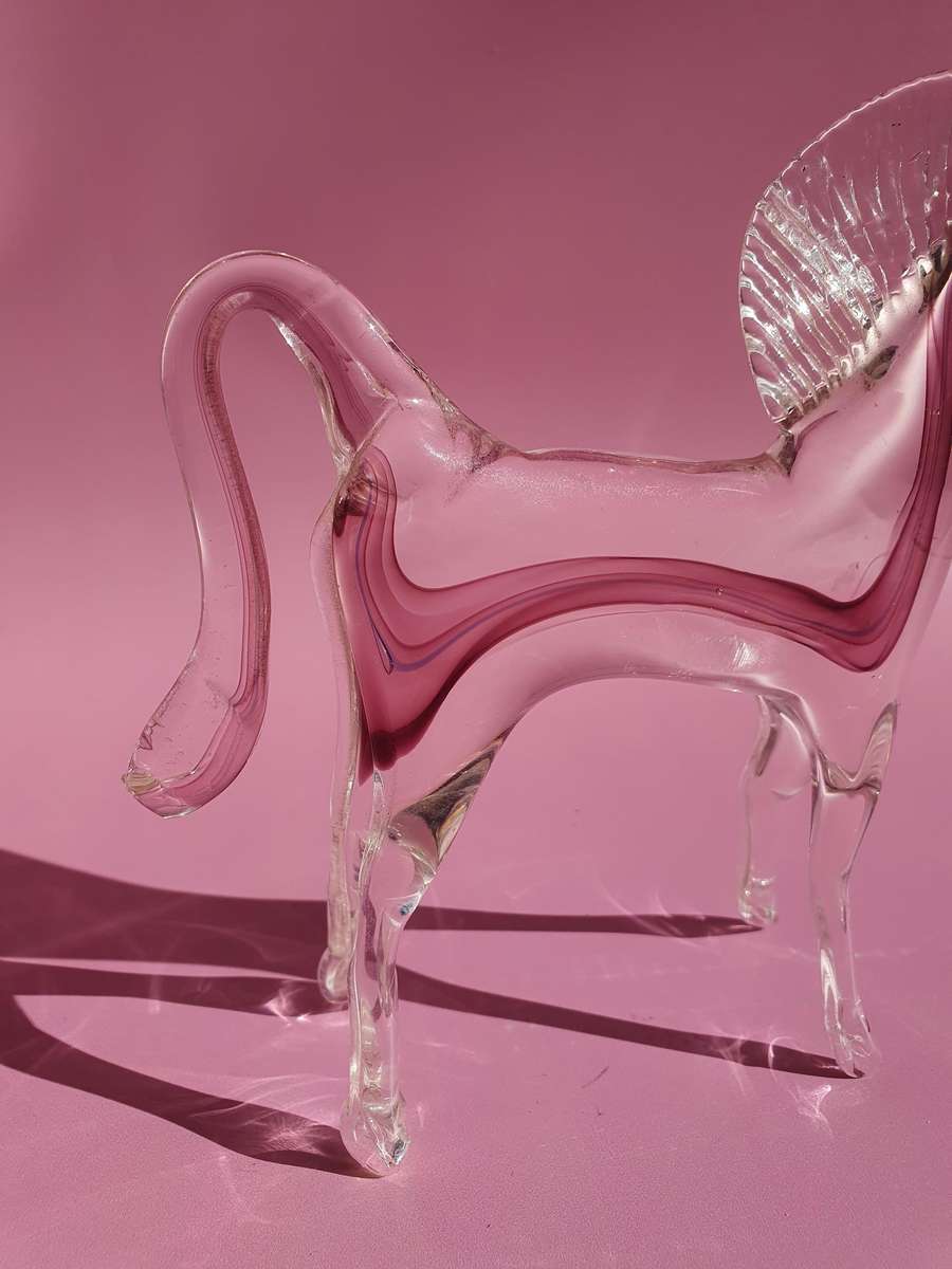 Vintage Murano Styled Glass Horse Clear with Pink Figurine Hand Blown