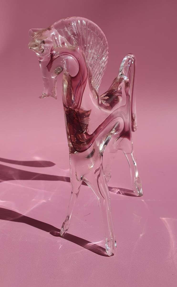 Vintage Murano Styled Glass Horse Clear with Pink Figurine Hand Blown
