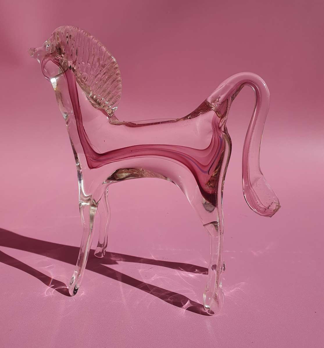 Vintage Murano Styled Glass Horse Clear with Pink Figurine Hand Blown