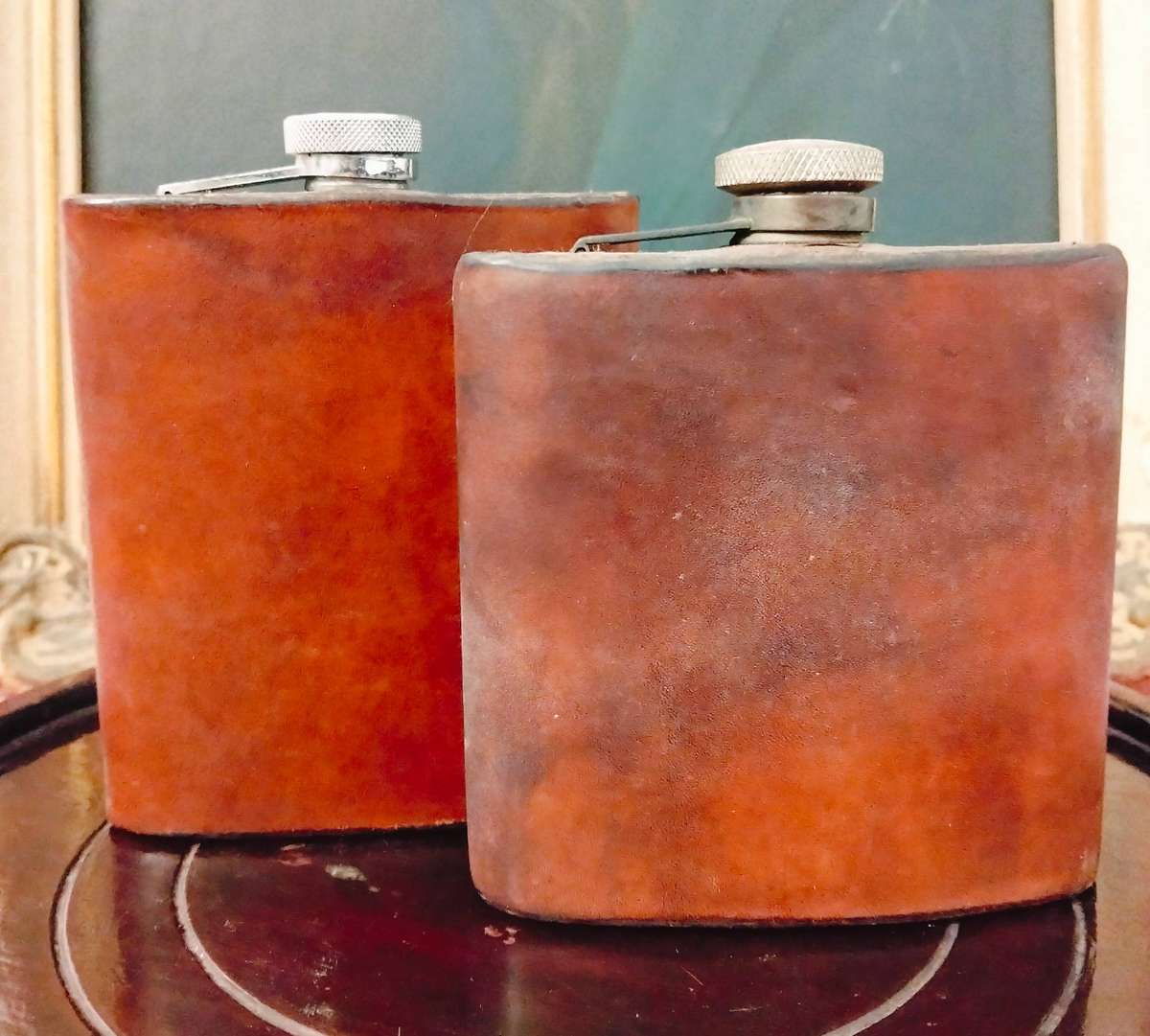 Vintage Leather Wrapped Hip Flasks 2x