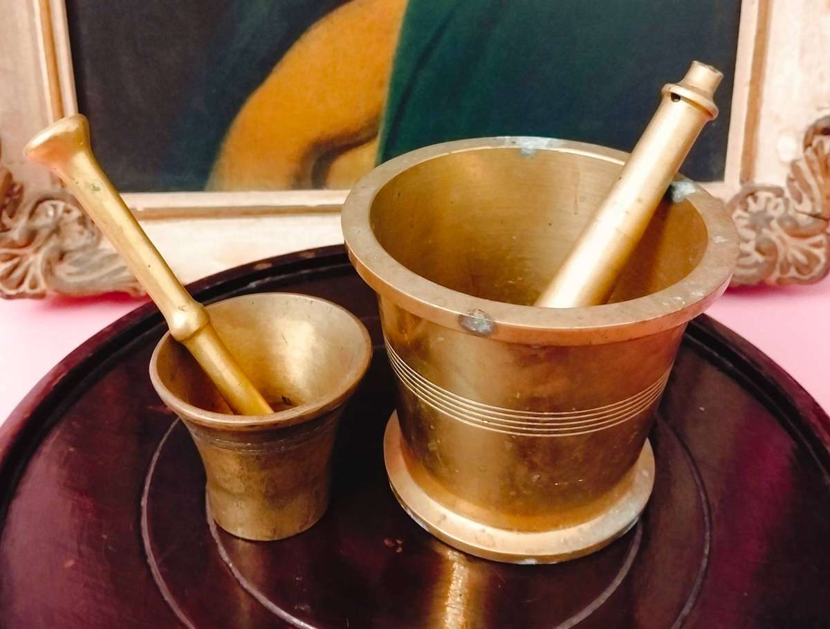 Vintage Solid Brass Mortar & Pestle 2x SetSet