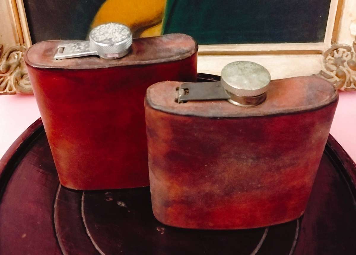 Vintage Leather Wrapped Hip Flasks 2x