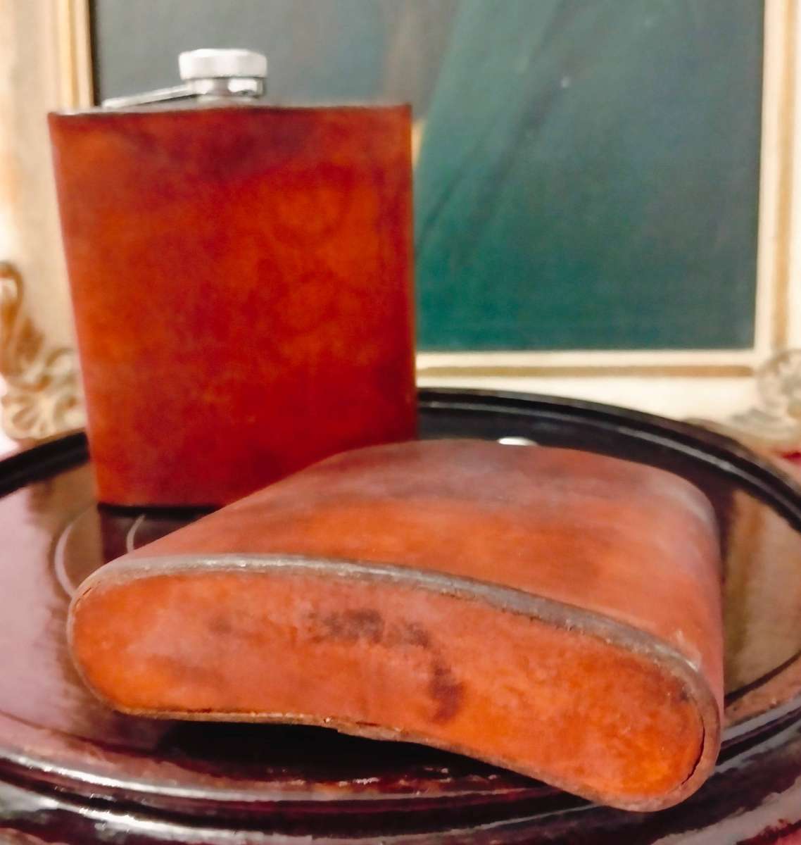 Vintage Leather Wrapped Hip Flasks 2x