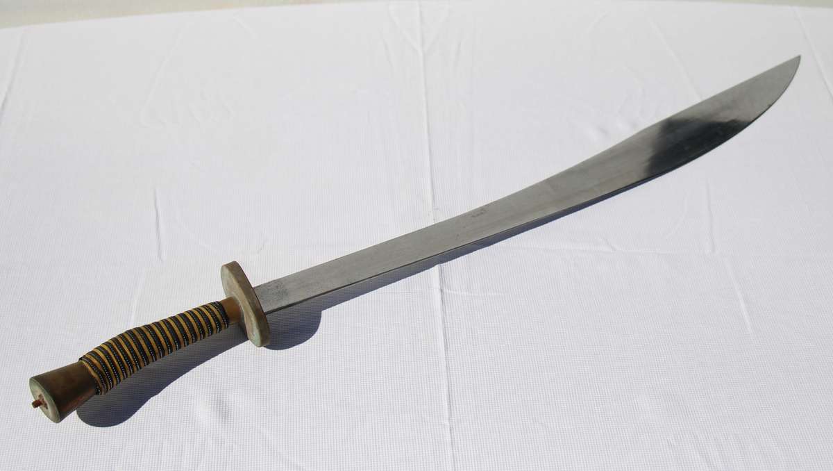 Vintage Chinese Oxtail Saber Metal Sword with Brass Handle