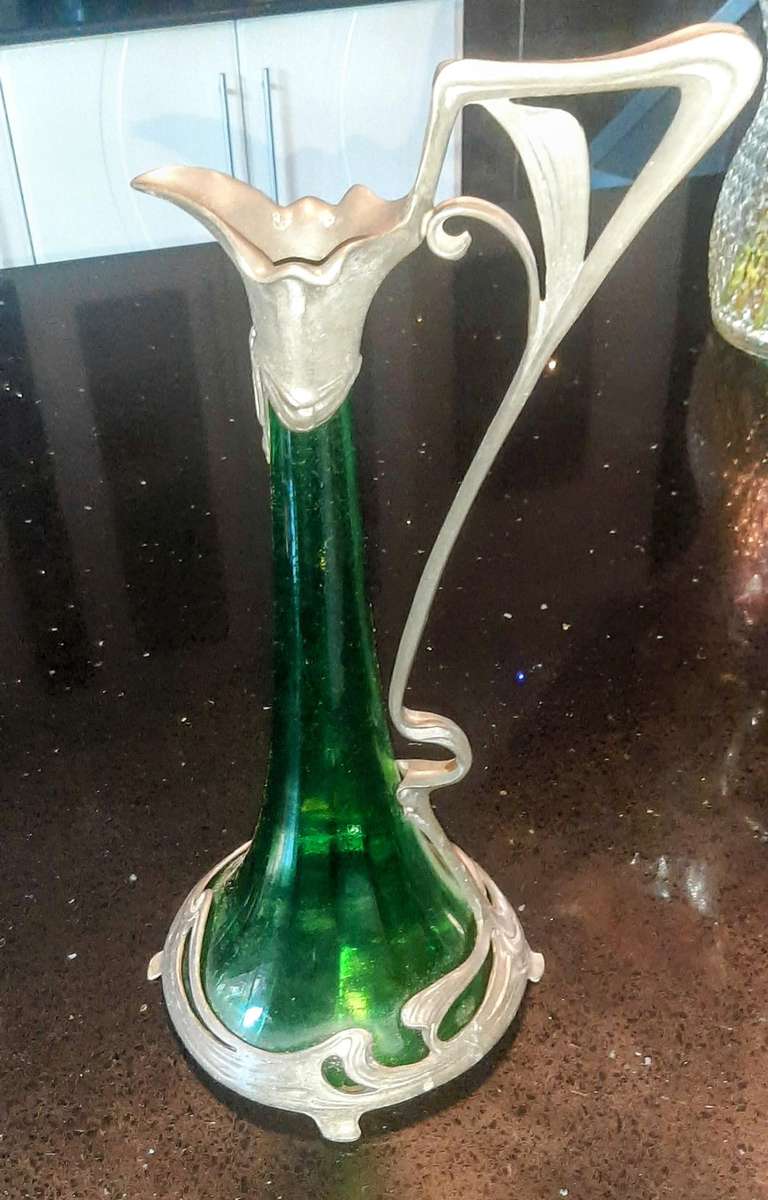 WMF antique art nouveau decanter 1905 pewter and green glass.