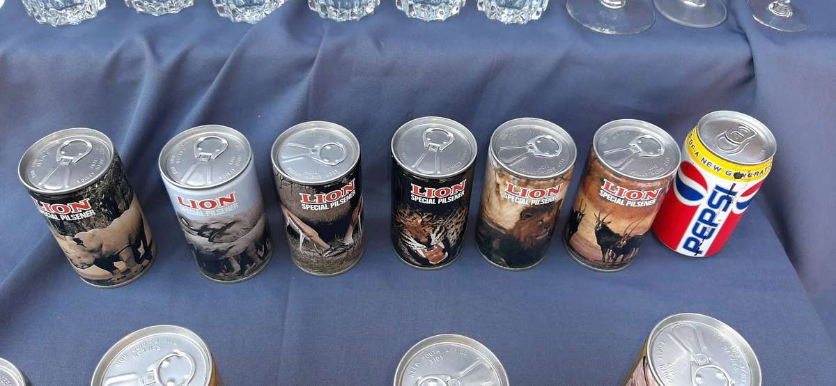Vintage lion beer and bar memorabilia of South africa animals with beer inside.Full with glasses.