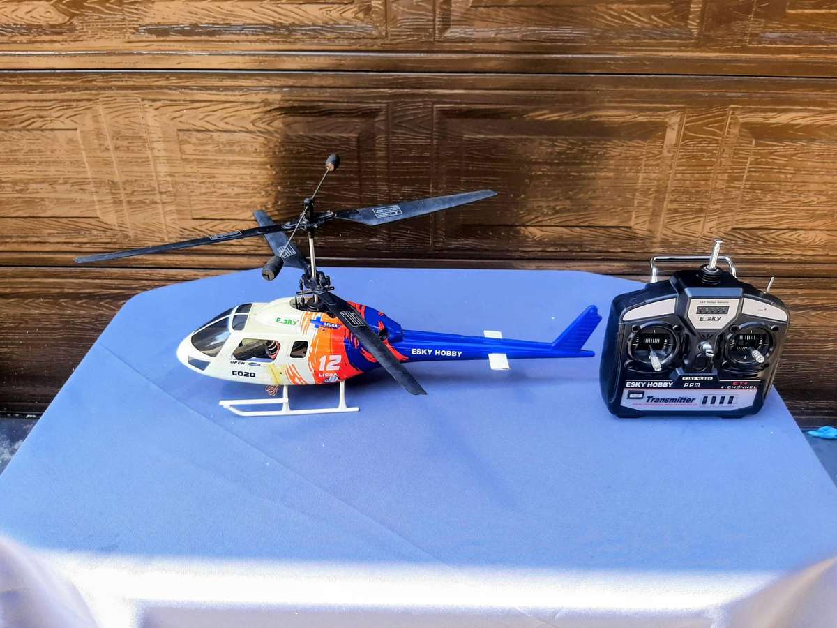 Esky Big Lama coaxial RC helicopter and its remote control.  The Esky Big Lama for beginners.Working