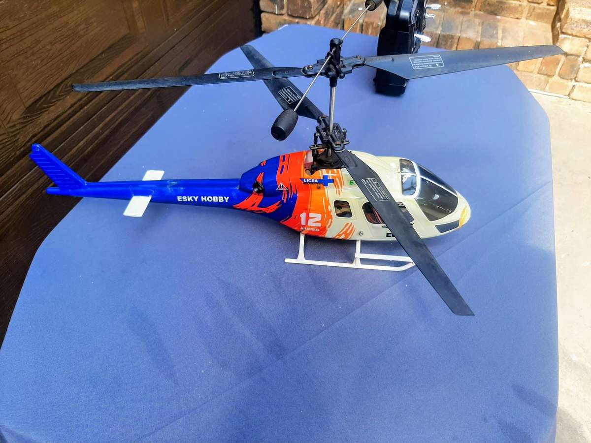 Esky Big Lama coaxial RC helicopter and its remote control.  The Esky Big Lama for beginners.Working
