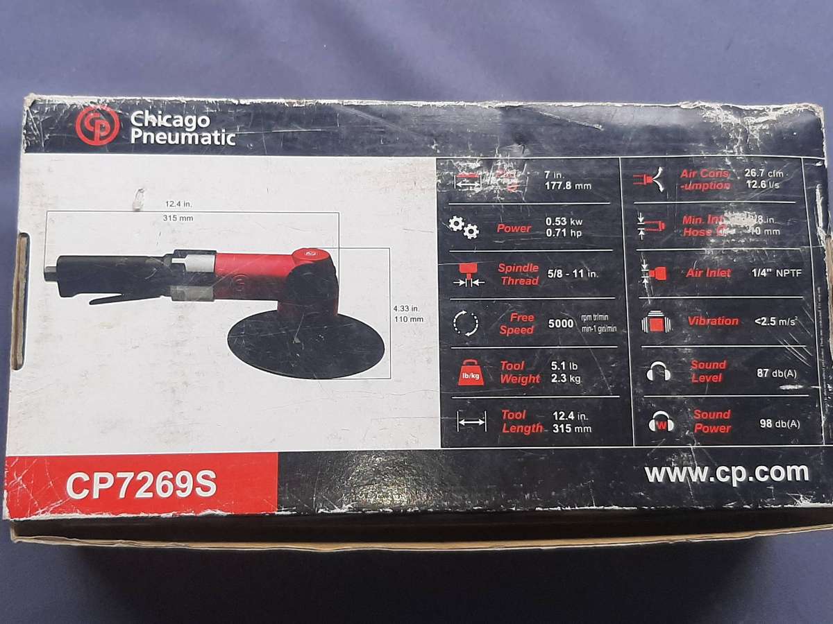 Chicago Pneumatic CP7269S 7-inch angle sander. It is also known as a rotary sander/polisher.