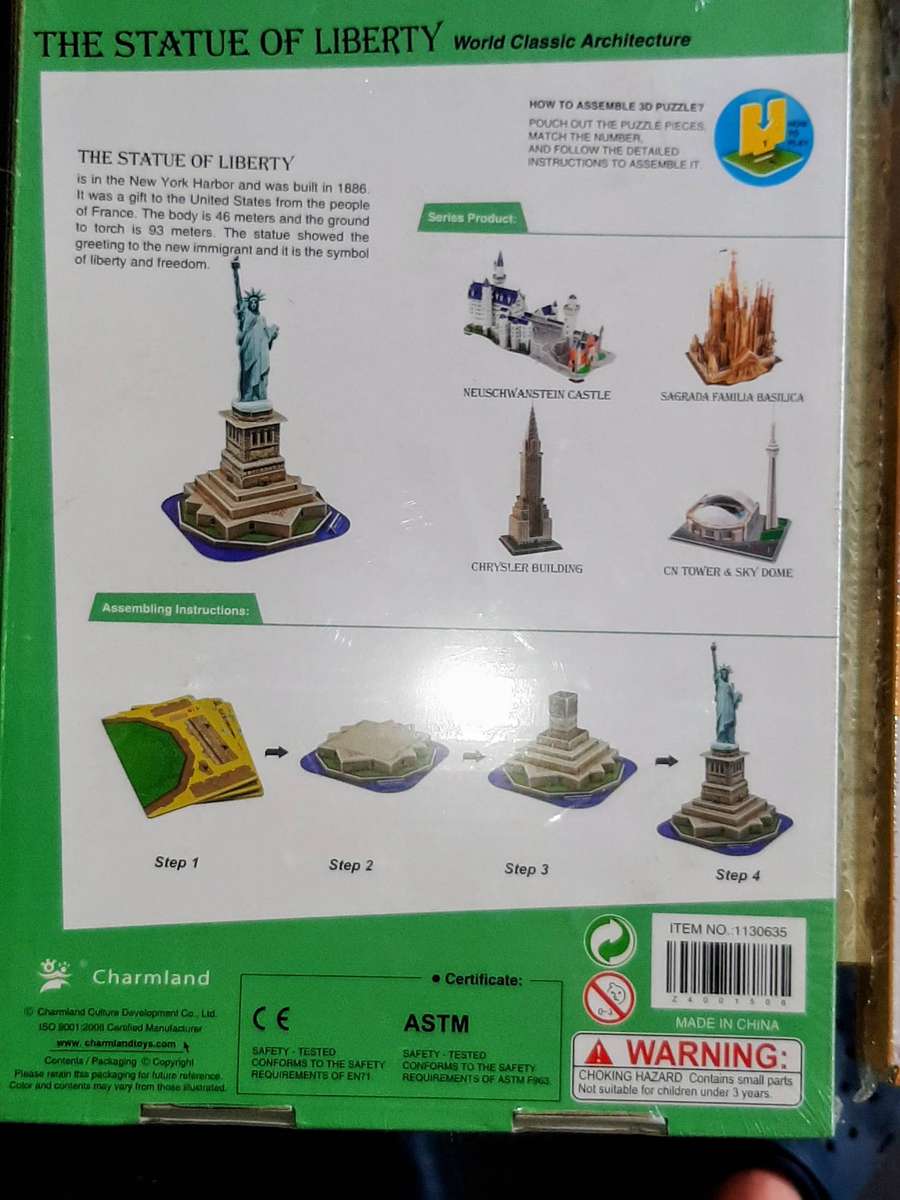 3D puzzles of famous landmarks, including the Statue of Liberty and the Eiffel Tower. These are manu