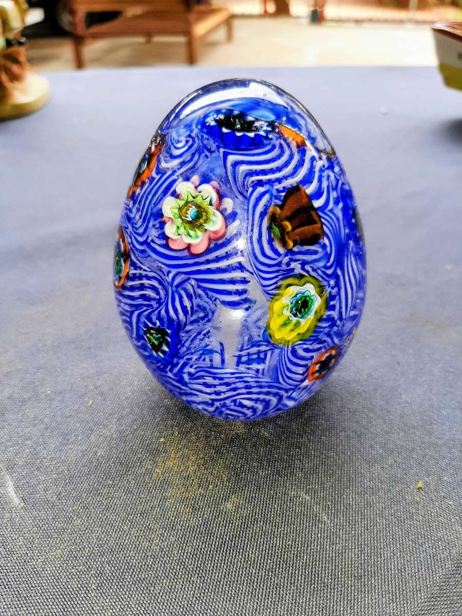 Murano glass millefiori egg paperweight. This type of art glass is handcrafted by Venetian masters