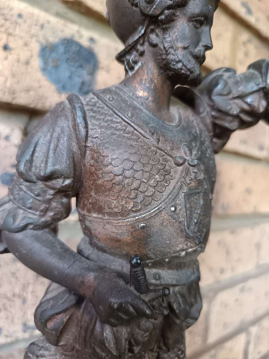 Antique victorian era Bronzed spelter medieval knight needs refurbishment