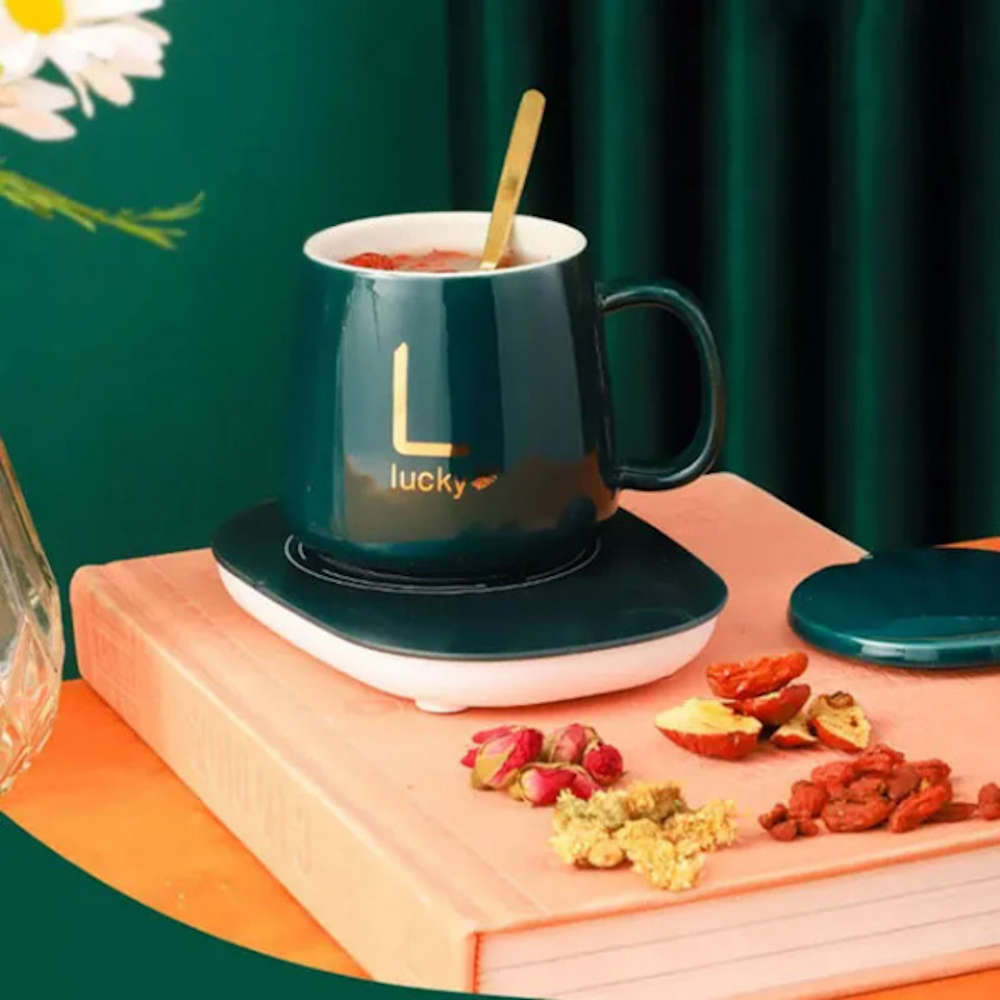 Lucky Coffee Cup and Warmer Set - Mug has small chip on outside