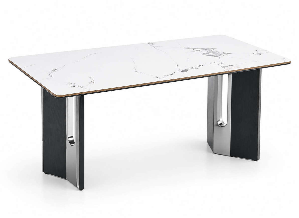 Modern 6 Seater Marble Dining Set  White Sintered Stone Table with Blue Upholstered Chairs
