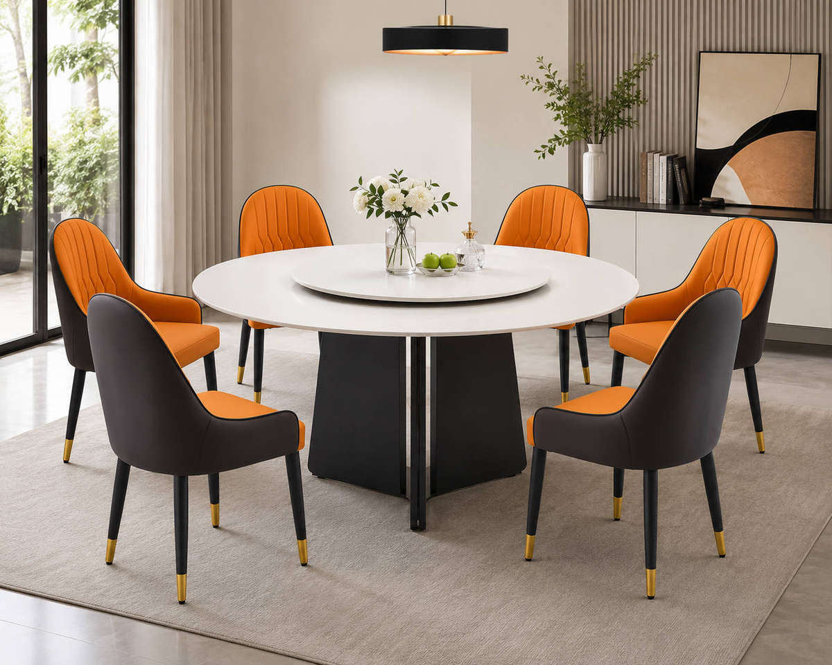 Modern 6 Seater Round Dining Table Set with Orange & Black Upholstered Chairs & Gold Accent Legs