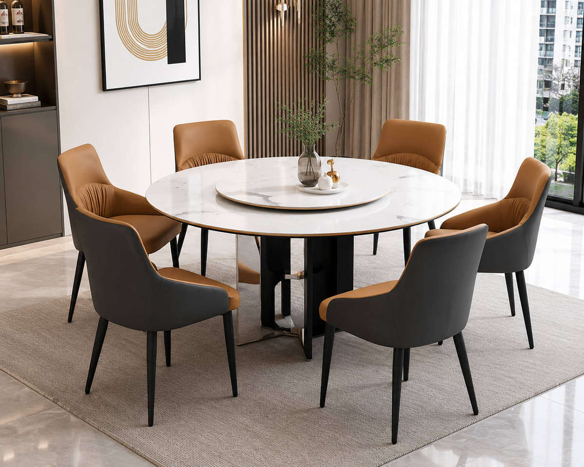 Modern Round Marble Dining Set 6 Seater with Lazy Susan  Luxury White Stone Table & Upholstered Din