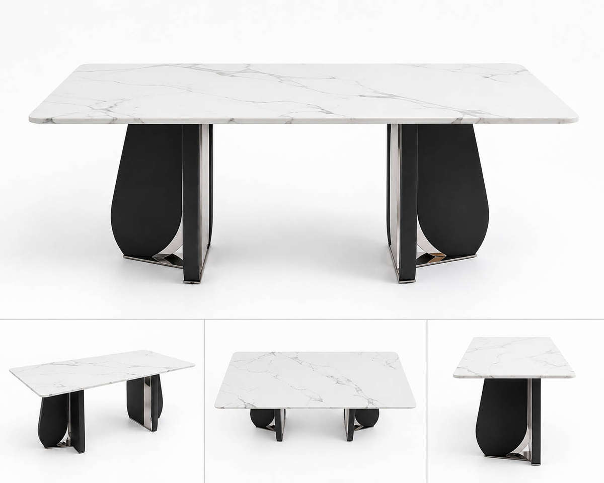 Modern 6 Seater Marble Dining Set  Luxury White Stone Top Table & Upholstered Chairs