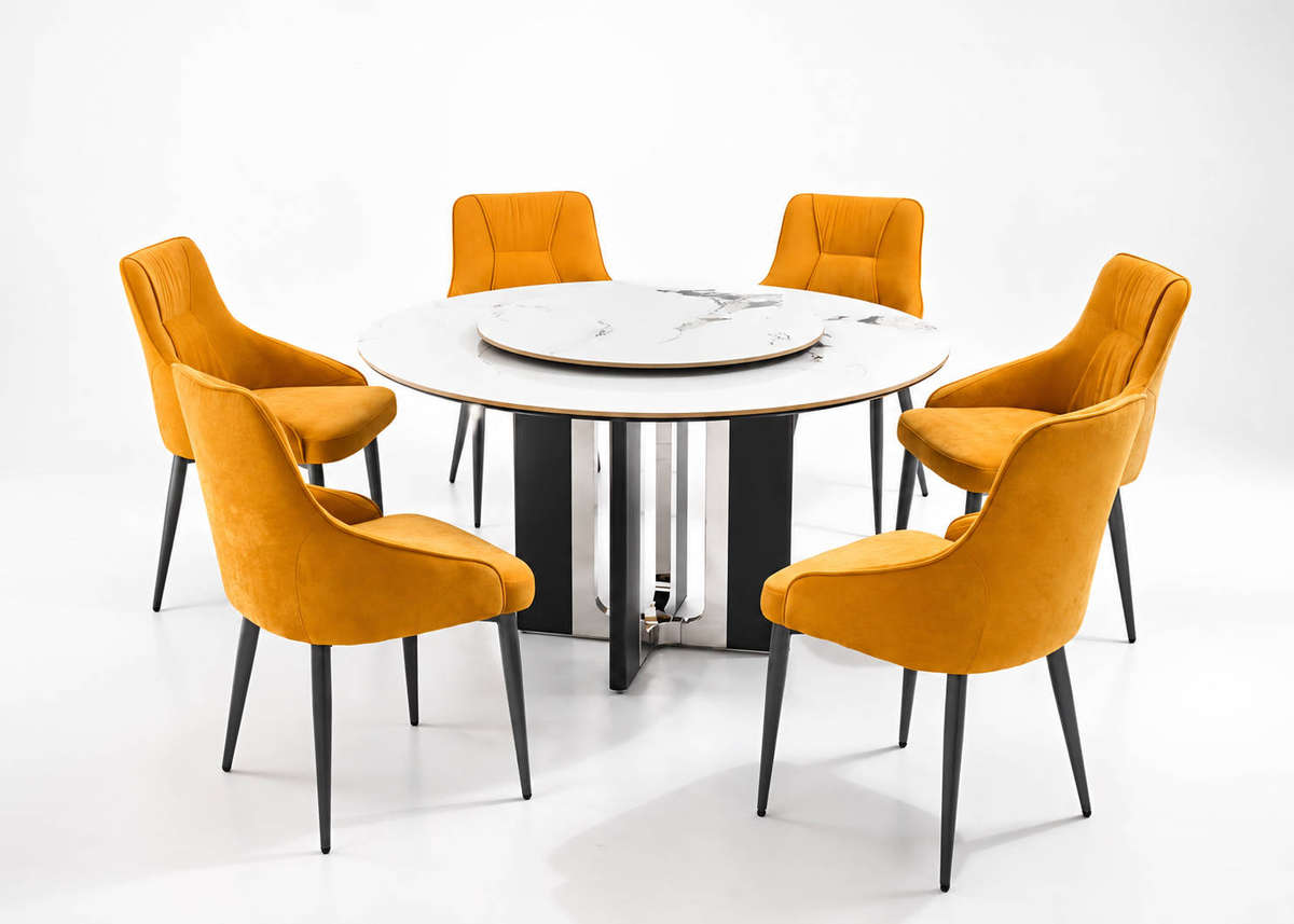 Modern 6 Seater Round Marble Dining Table Set with Mustard Velvet Chairs & Lazy Susan  Luxury Conte
