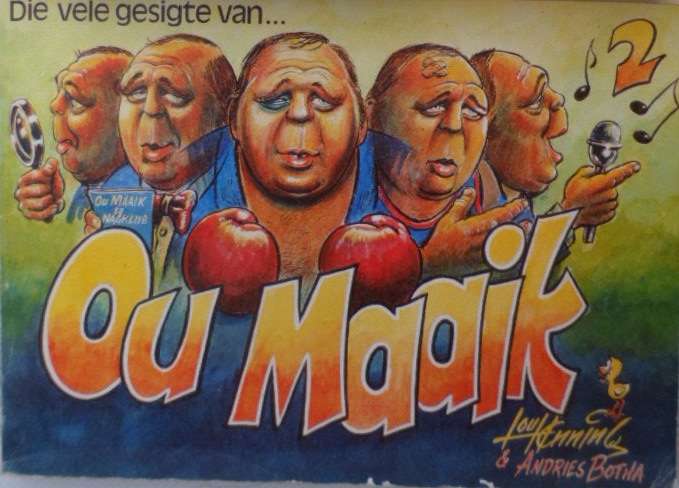 Die vele gesigte van OU MAAIK. Lou Henning. Spotprente.