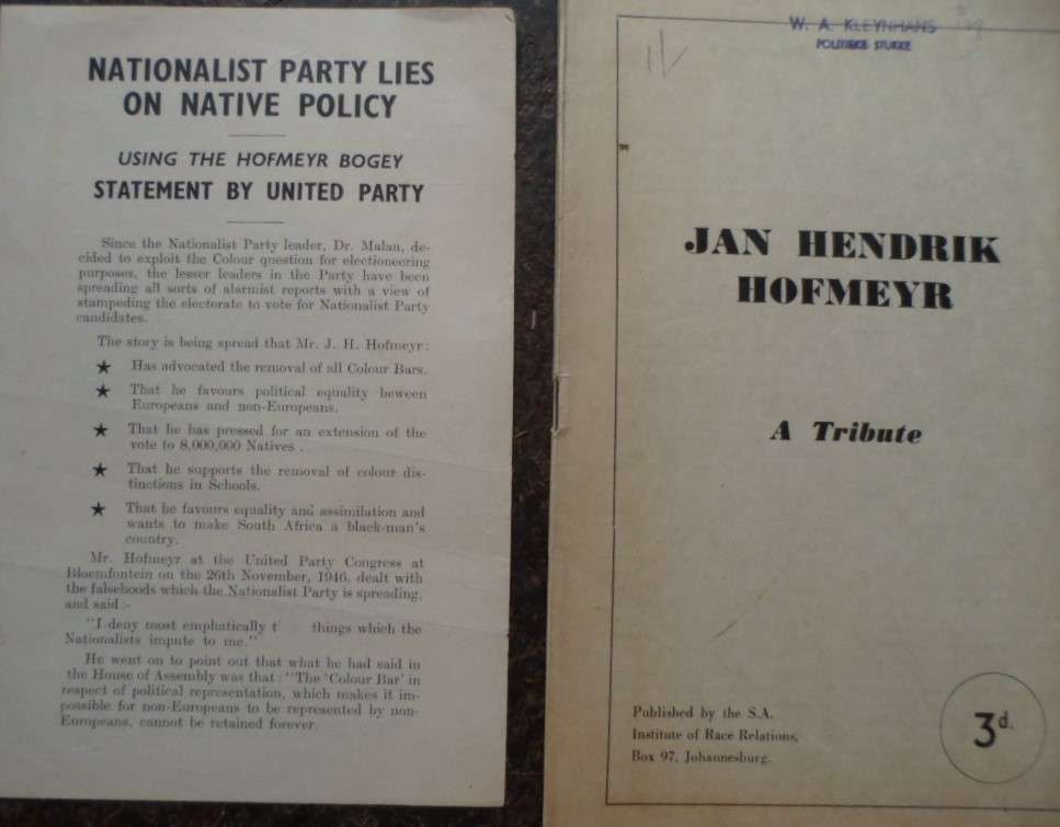 2 Political items Jan H Hofmeyr. 1948 & 1949. Rare!