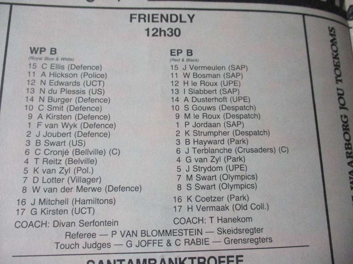 WP vs OP 11 JUNIE 1988 - RUGBY MATCH PROGRAMME