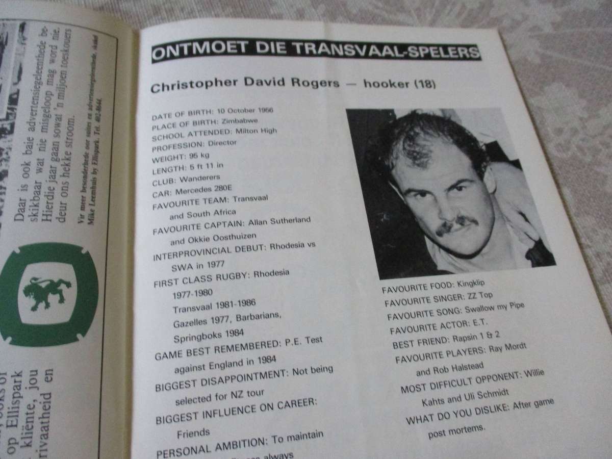 TRANSVAAL vs WP 30 AUGUST 1986  - RUGBY MATCH PROGRAMME