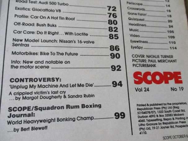 SCOPE MAGAZINE 6 OCTOBER 1989 ( KEVIN CARTER SA PHOTOGRAPHER,