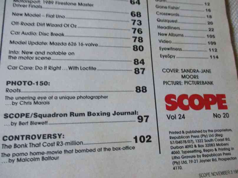 SCOPE MAGAZINE 3 NOVEMBER 1989 ( THE CROW BAR CT, DONNA EWIN, SA PHOTOGRAPHER DAVID GORDON