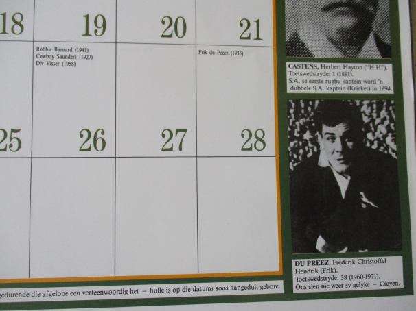 SPRINGBOK RUGBY COMMEMORATIVE CALENDER / HERDENKINGSKALENDER 1891 - 1991
