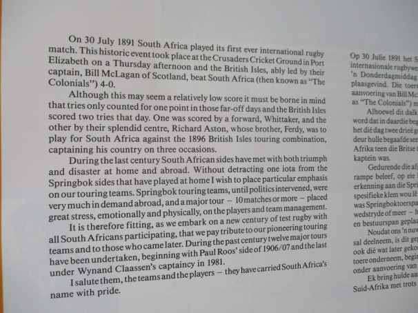 SPRINGBOK RUGBY COMMEMORATIVE CALENDER / HERDENKINGSKALENDER 1891 - 1991