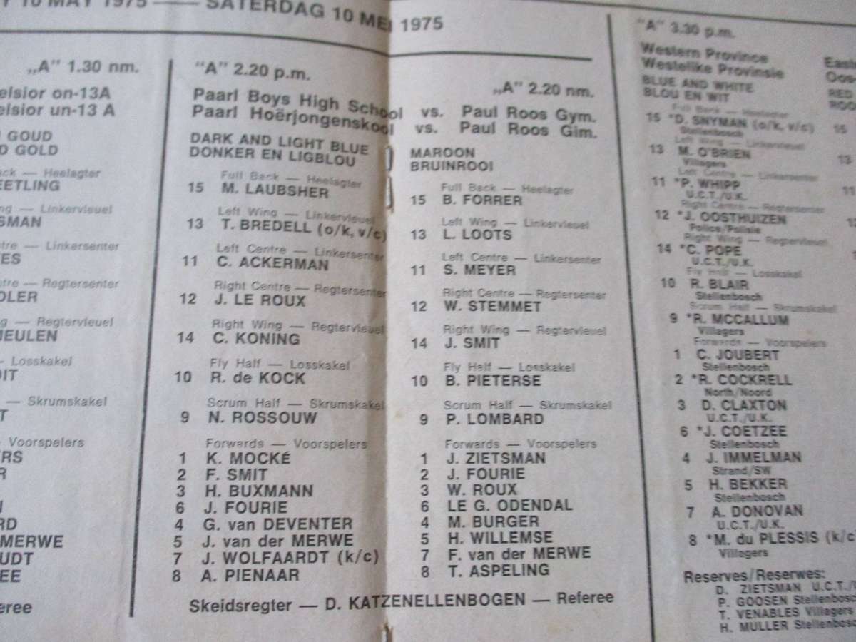 WP vs EASTERN TRANSVAAL 10 MAY 1975 - RUGBY PROGRAMME