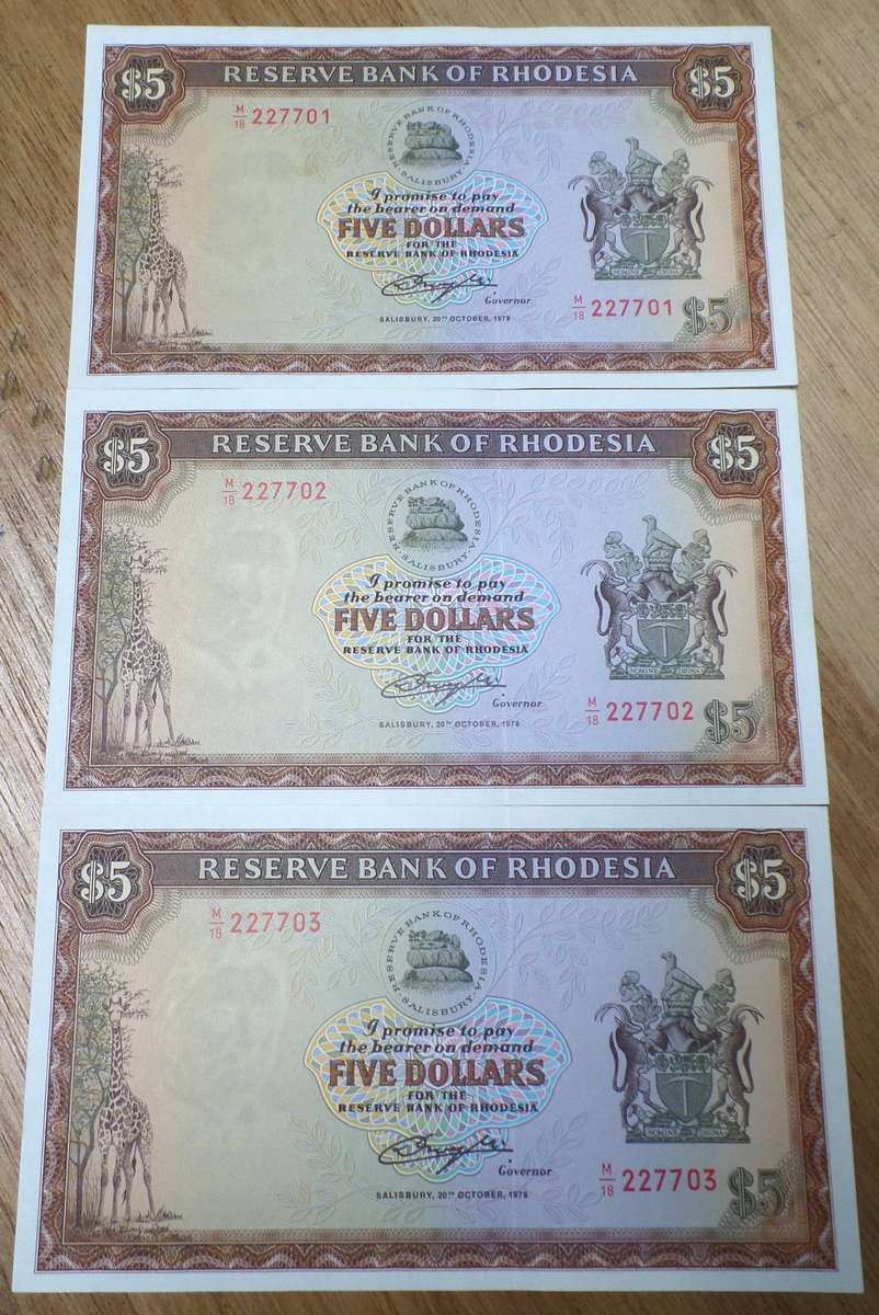 3x Rhodesia 5 Dollars 1978 - aUNC condition