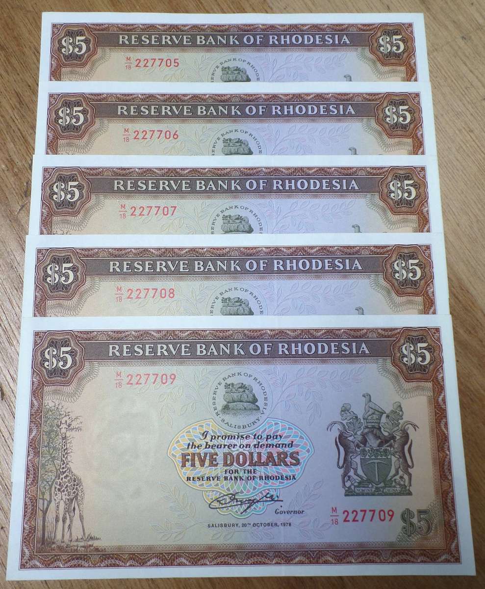 Rhodesia 5 Dollars 1978 - 5 in sequence - aUNC to UNC condition