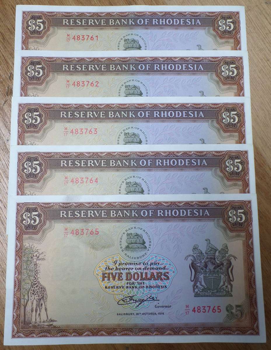 Rhodesia 5 Dollars 1978 - 5 in sequence - aUNC condition