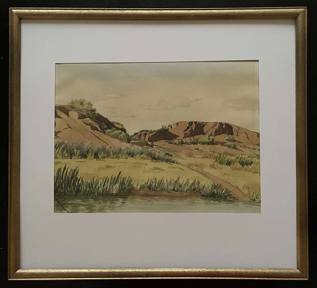 "KAROO RIVER STREAM" - ORIGINAL P WHITWORTH WATER COLOUR PAINTING IN GOLD FRAME