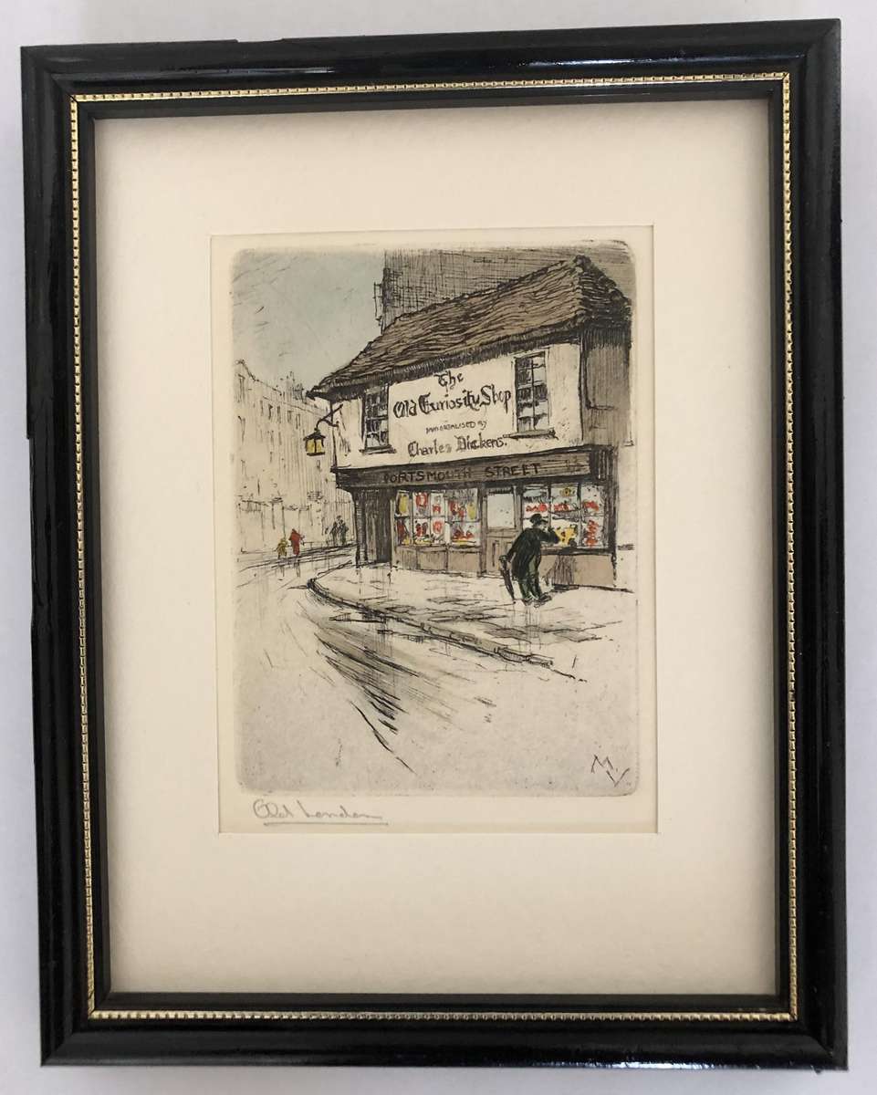 ORIGINAL SIGNED COLOURED ETCHING - THE OLD CURIOSITY SHOP - OLD LONDON BEHIND GLASS