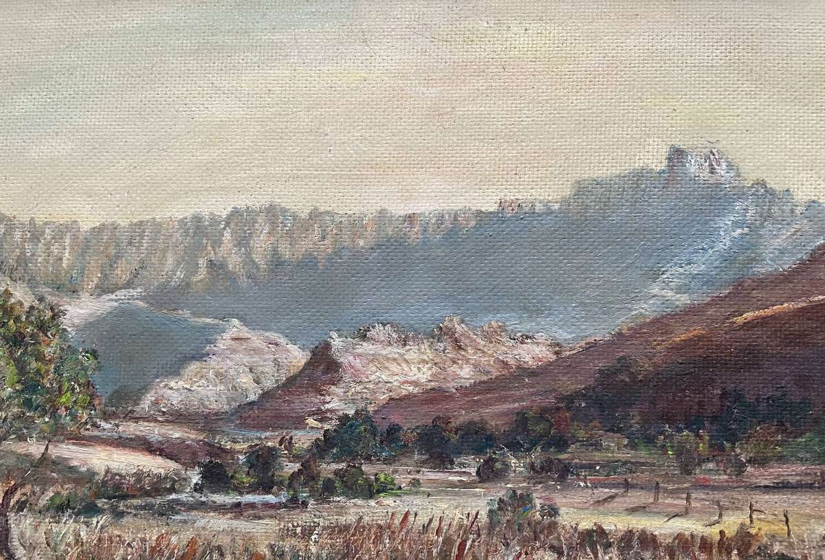 ORIGINAL - VINTAGE OIL ON BOARD SIGNED - MONT AUX SOURCES DRAKENSBERG ZULULAND