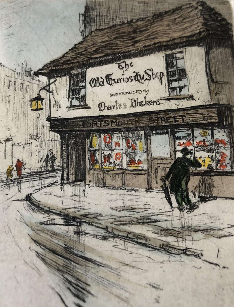 ORIGINAL SIGNED COLOURED ETCHING - THE OLD CURIOSITY SHOP - OLD LONDON BEHIND GLASS