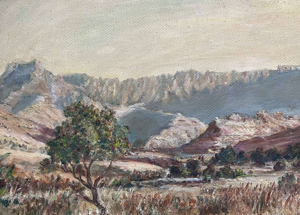 ORIGINAL - VINTAGE OIL ON BOARD SIGNED - MONT AUX SOURCES DRAKENSBERG ZULULAND
