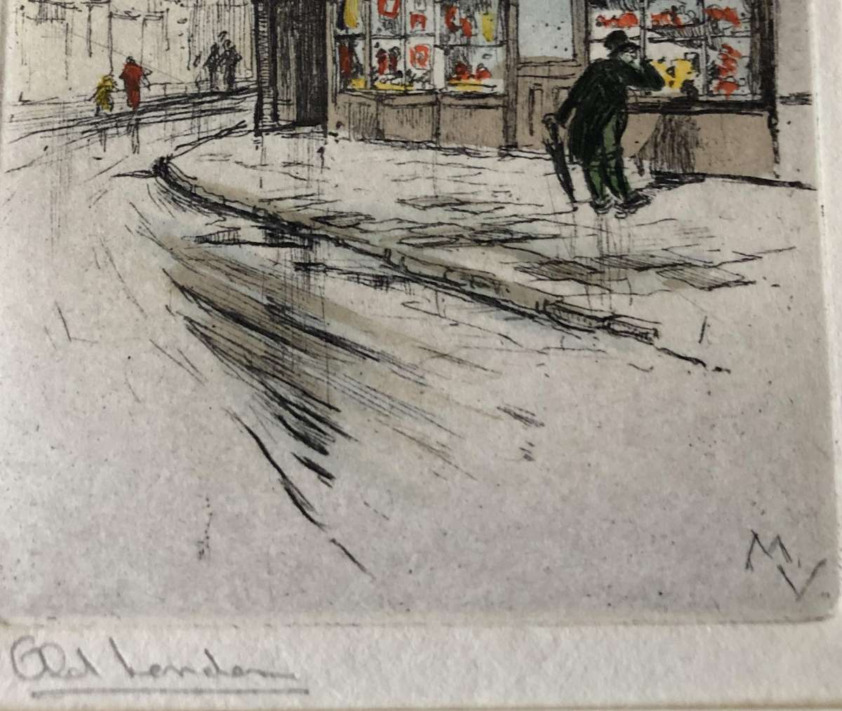 ORIGINAL SIGNED COLOURED ETCHING - THE OLD CURIOSITY SHOP - OLD LONDON BEHIND GLASS