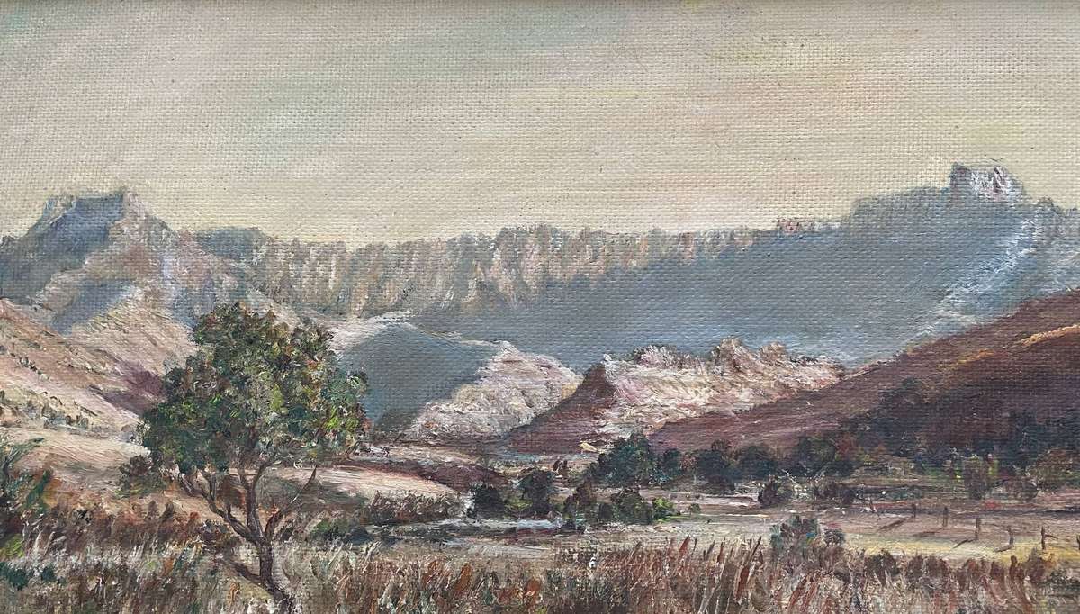 ORIGINAL - VINTAGE OIL ON BOARD SIGNED - MONT AUX SOURCES DRAKENSBERG ZULULAND