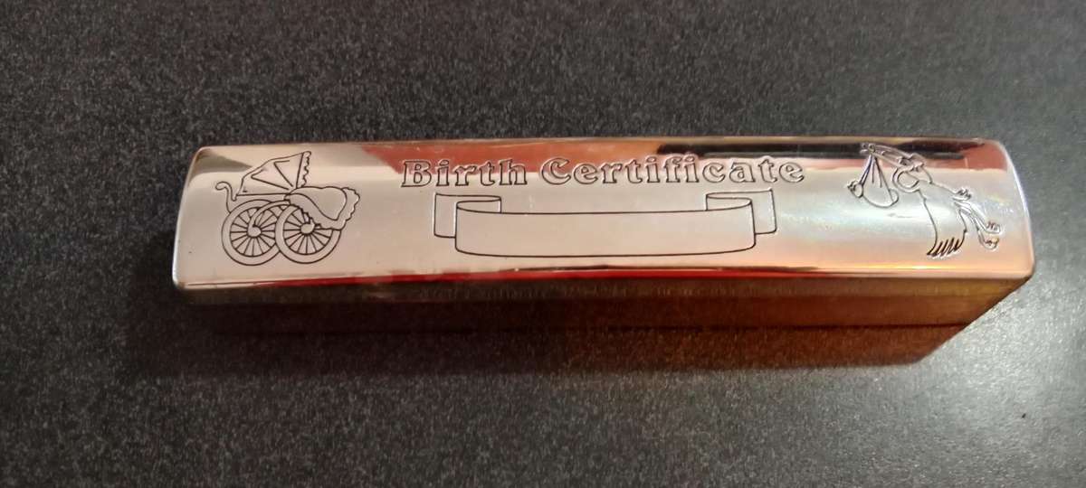 Vintage Silver Birth Certificate Holder  With Blue Velvet Inside