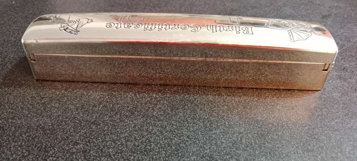 Vintage Silver Birth Certificate Holder  With Blue Velvet Inside