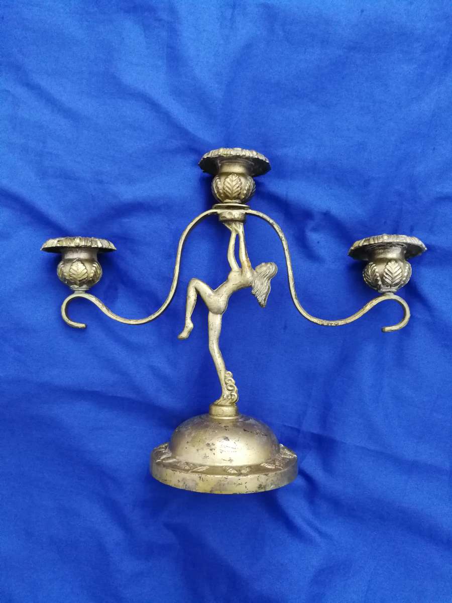 ART DECO NAKED LADY Metal 3 Candle Stick Holder- Vintage