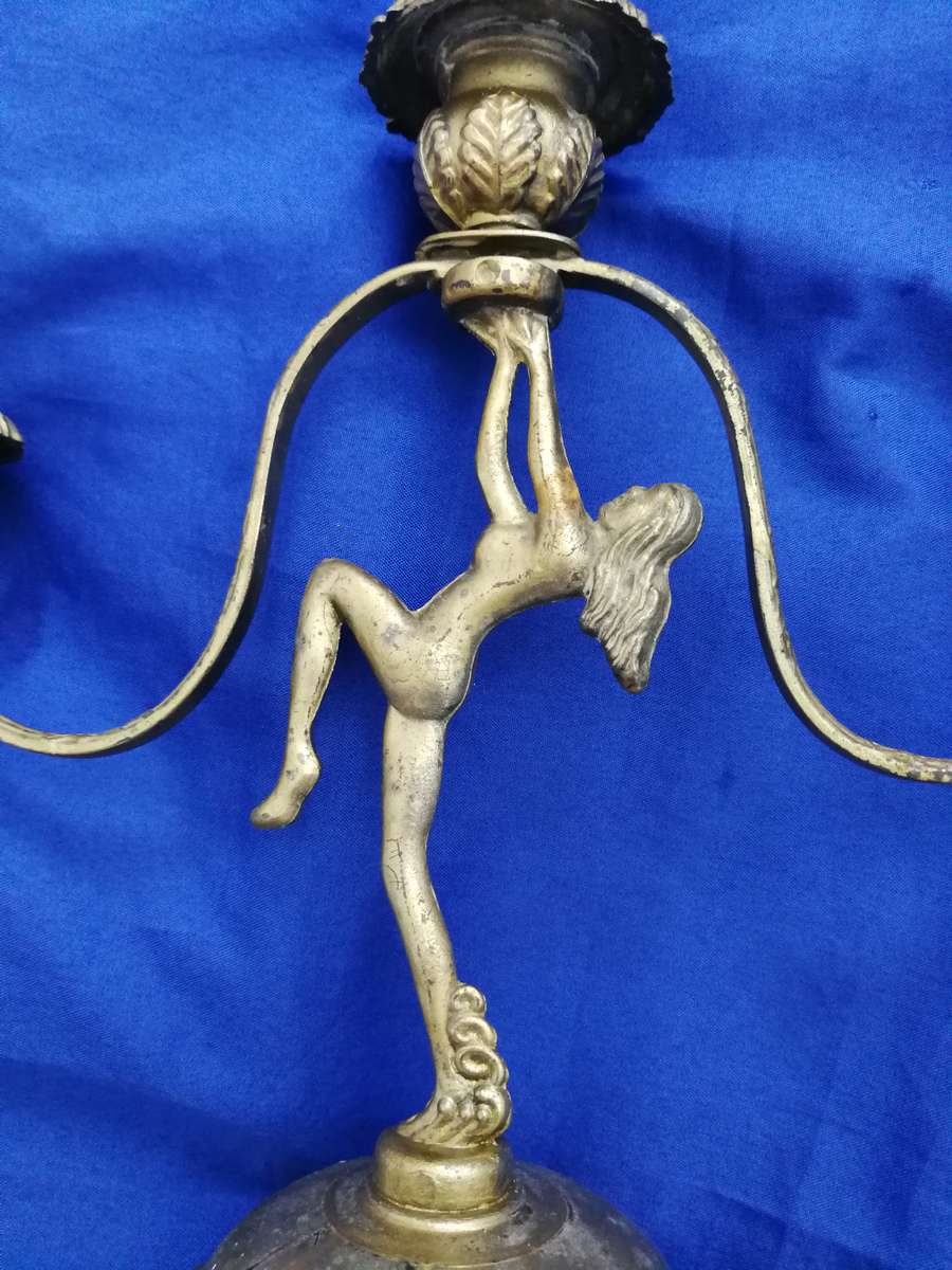 ART DECO NAKED LADY Metal 3 Candle Stick Holder- Vintage