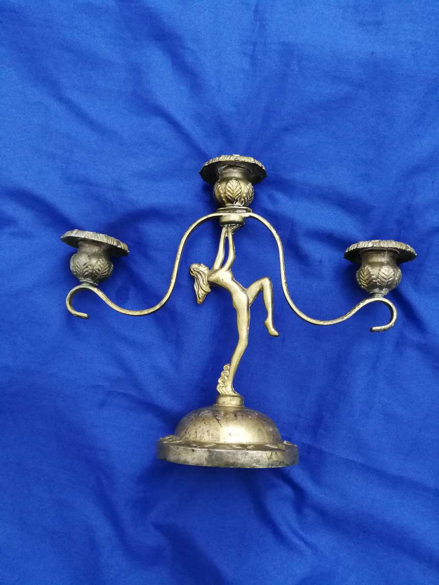 ART DECO NAKED LADY Metal 3 Candle Stick Holder- Vintage