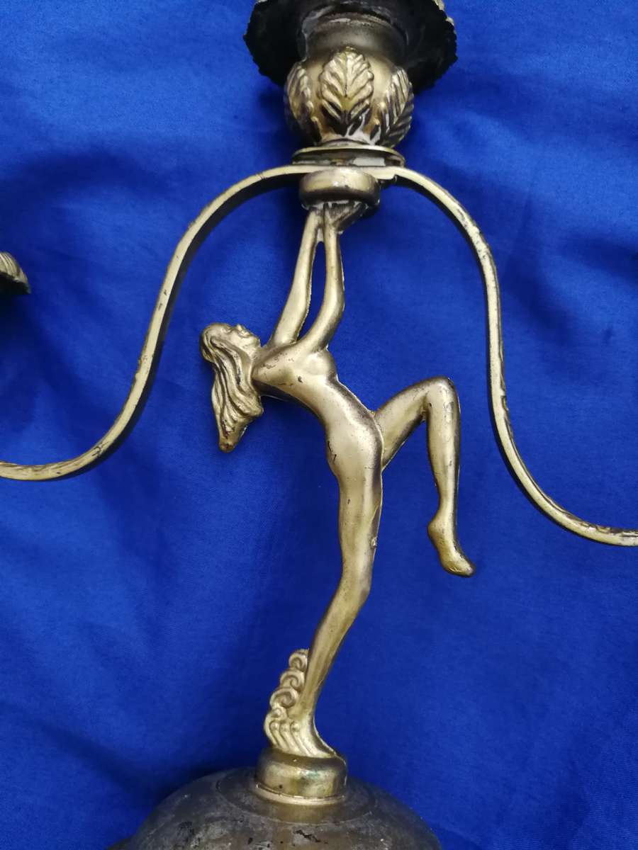 ART DECO NAKED LADY Metal 3 Candle Stick Holder- Vintage